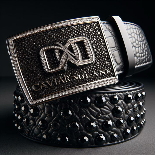 Caviar Milano Black Leather Belt with Black Stainless Steel Buckle and Rhinestone Elegance
