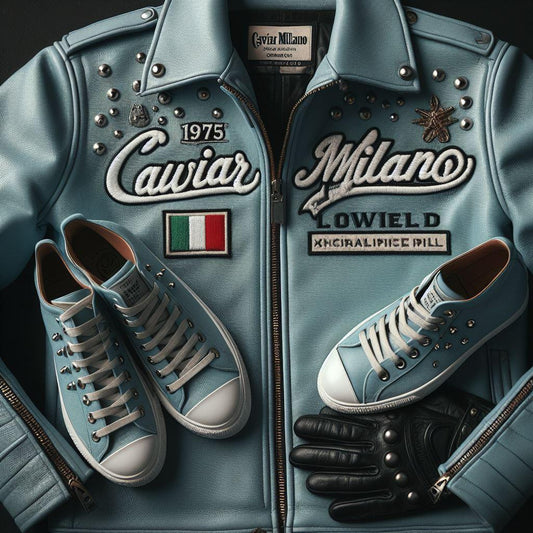 Caviar Milano Cow Hide Designer High Embroidery Biker Jacket And Sneakers Powder Blue Leather And White Soles