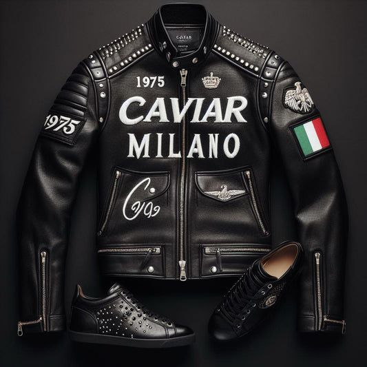 Caviar Milano Black Genuine Leather Cow Hide Designer Biker Jacket And Sneakers